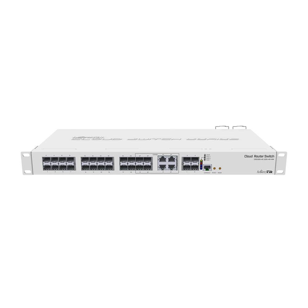 MikroTik Cloud Router Switch CRS328-4C-20S-4S+RM, 20x SFP cages, 4x SFP+ cages, 4x CoMBo ports (1x GB LAN or SFP), RouterOS L5 or SwitchOS (dual boot), 1U rACkmount case, Dual PSU