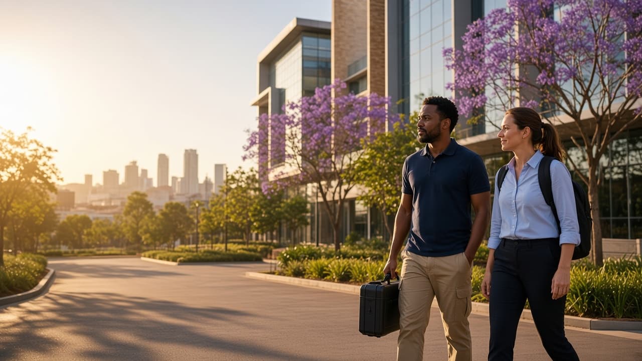 IT engineers approaching a modern Gauteng office park under late afternoon light