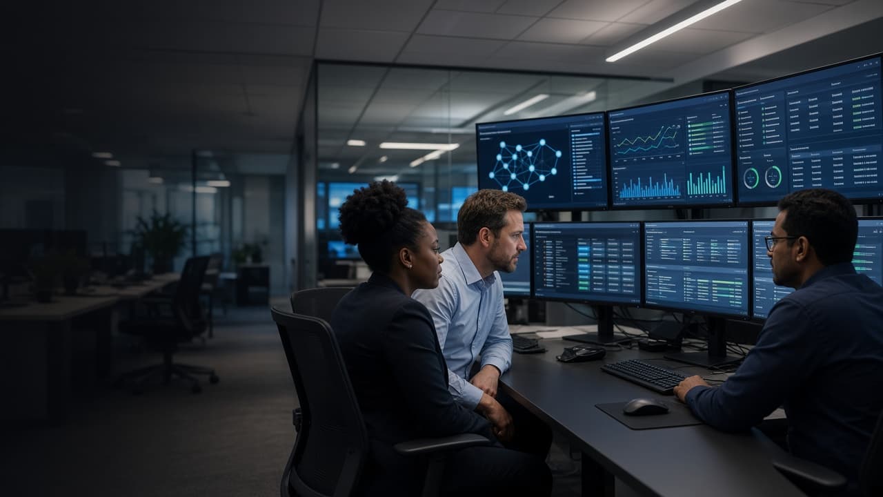 Network operations screens showing infrastructure monitoring and alerts