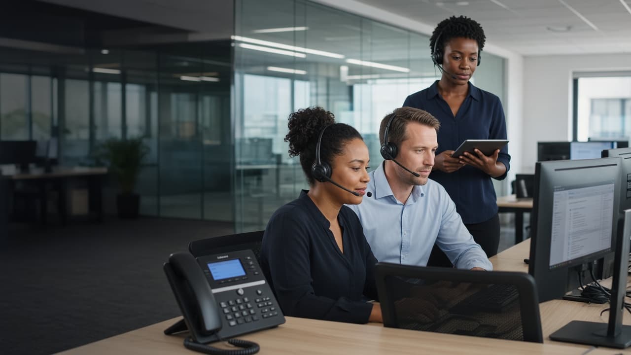 Office team using VoIP headsets and a cloud PBX desk phone