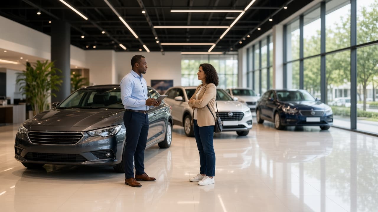 Car dealership showroom with new vehicles and a sales advisor speaking with a customer