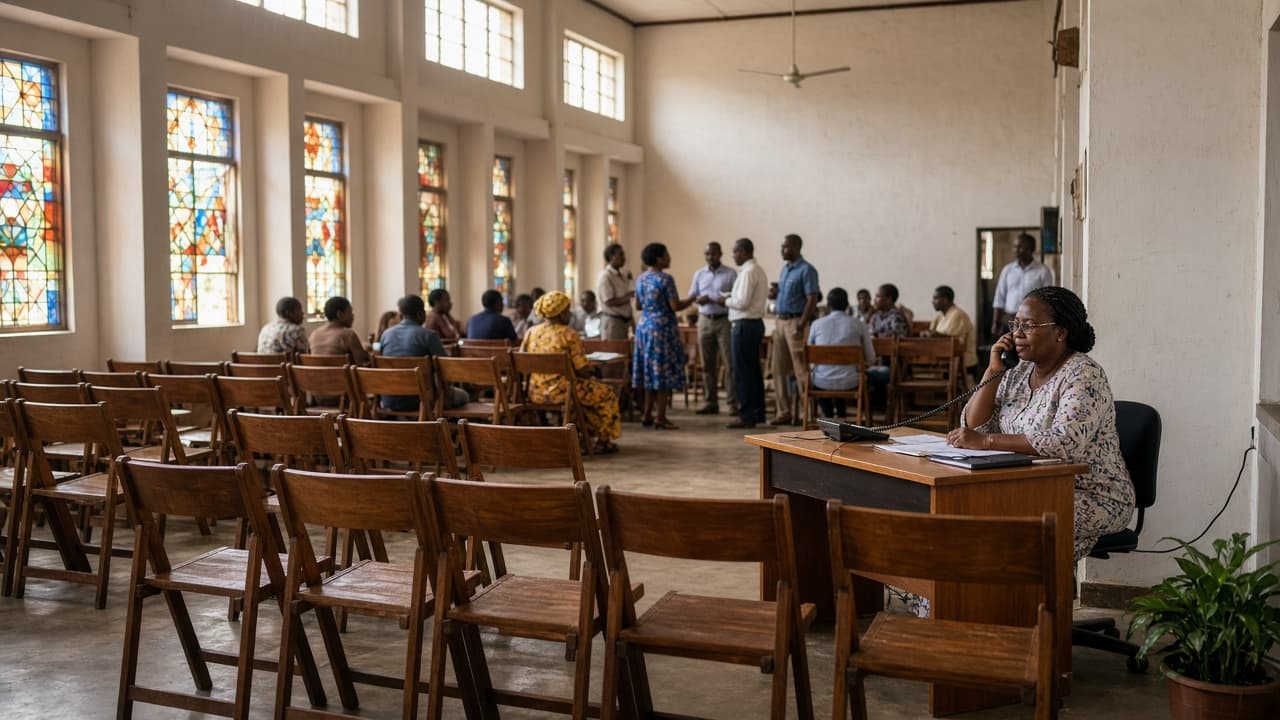 Church hall and community centre interior with pews and high windows