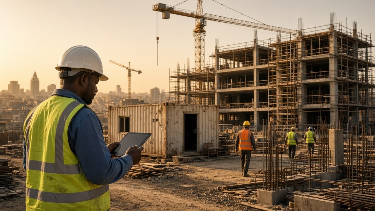 Construction site with scaffolding, a crane and a supervisor at a site office