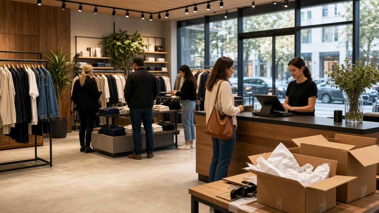 Retail store interior with customers browsing and staff at the sales counter