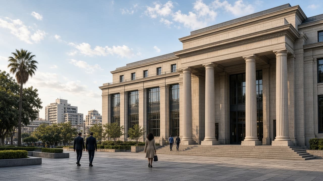 Municipal civic building plaza with residents approaching the public entrance