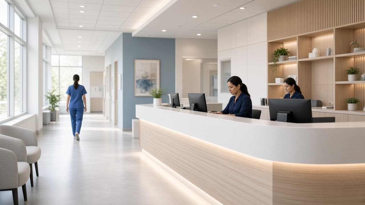 Hospital admissions reception and corridor with healthcare staff walking a ward