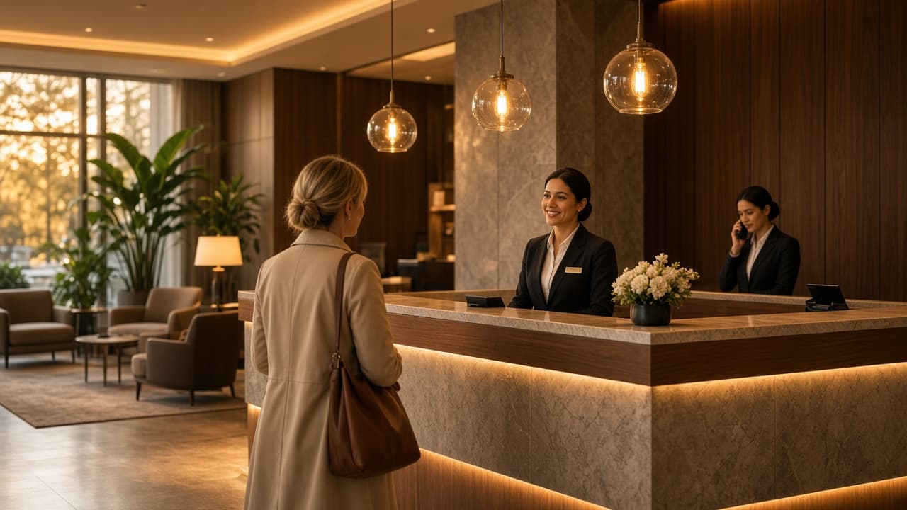 Hotel lobby reception desk with staff greeting a guest at check-in