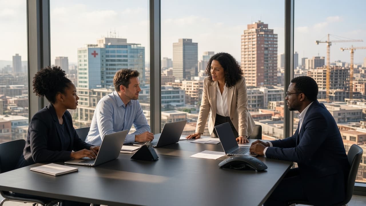 Professionals collaborating in a glass meeting room overlooking a mixed city skyline
