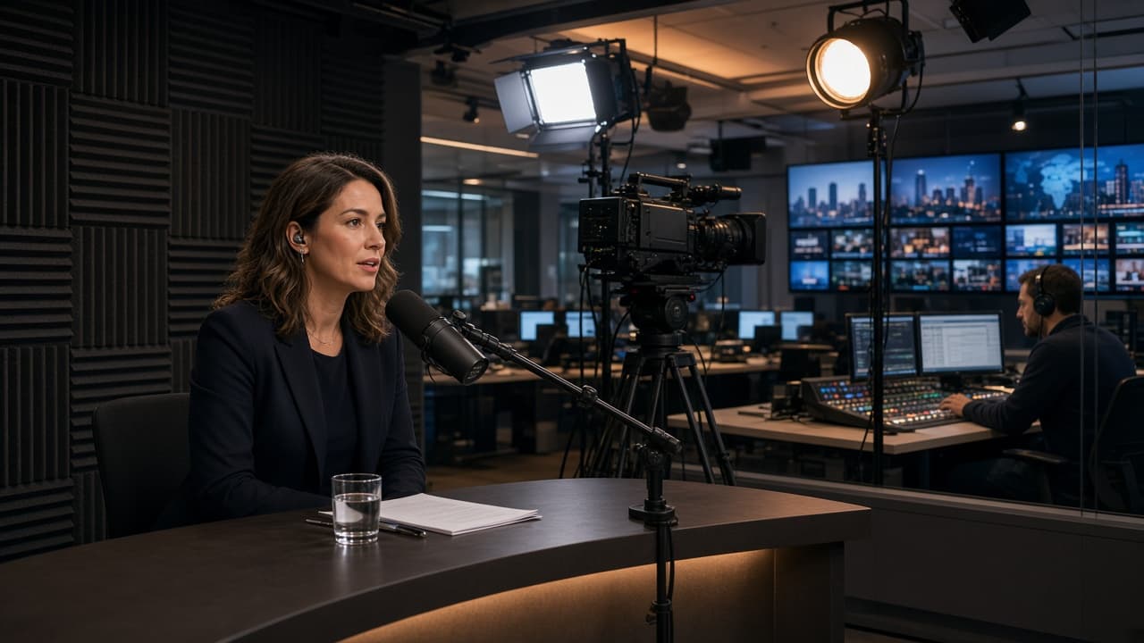 Radio and television studio with a presenter at a microphone and a producer at a mixing desk