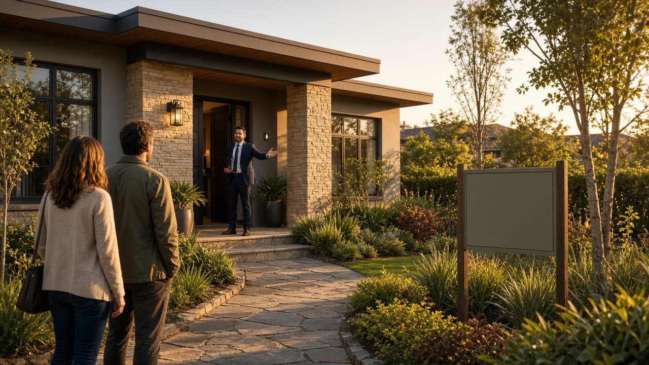 Estate agent meeting clients at the entrance of a residential property