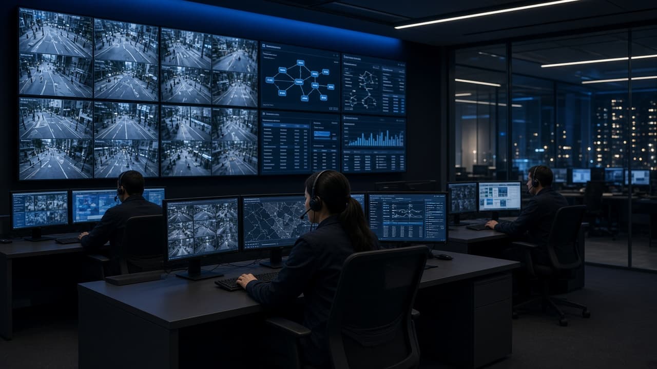 Security operations control room with operators watching wall-mounted monitors