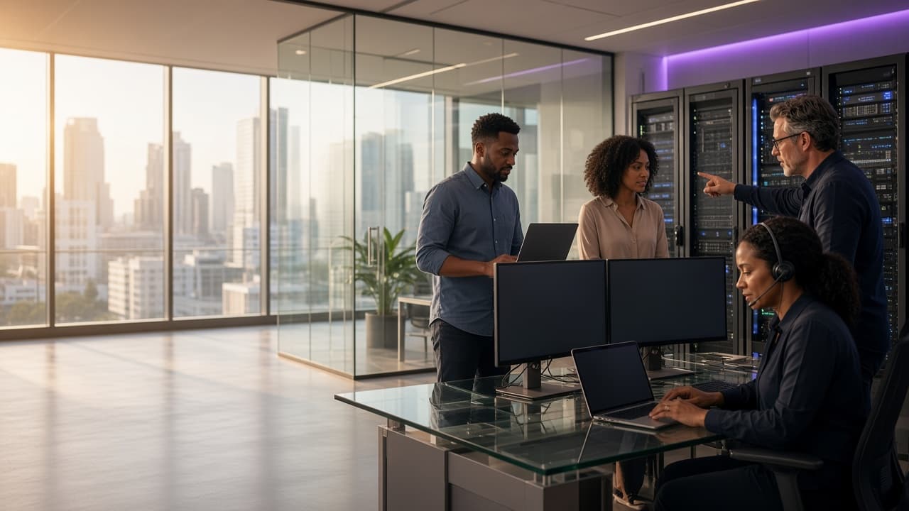 South African IT professionals collaborating at workstations in a modern services office