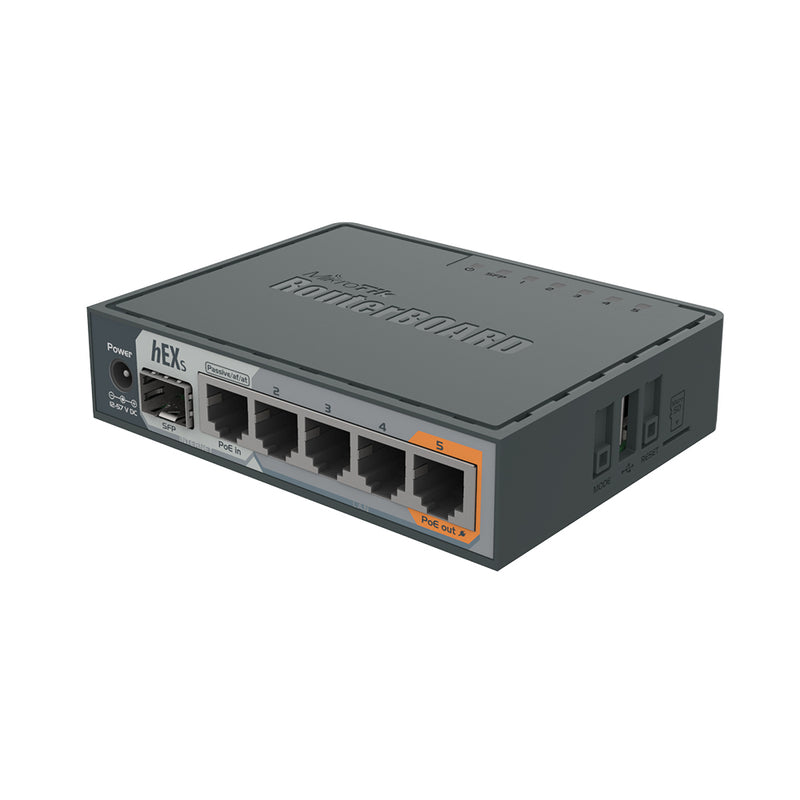 Mikrotik hEX S, 5x GB LAN ports, SFP, USB, POE-out on port #5, RouterOS L4, plastic case, PSU, IPSEC Hardware Encryption