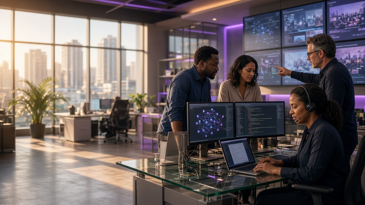 South African IT professionals collaborating in a modern office newsroom