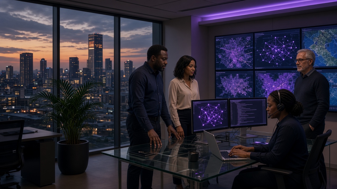 South African IT professionals collaborating in a modern office newsroom