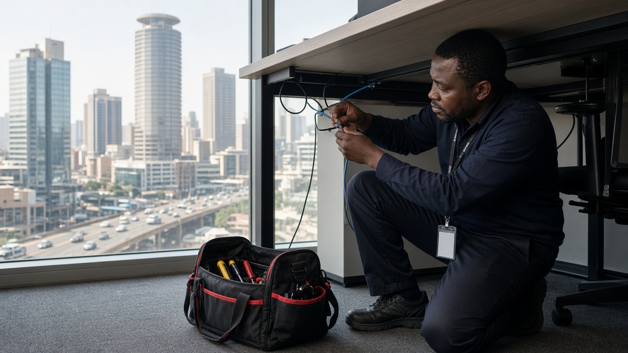 Technician with a toolkit tracing a cable under a Johannesburg office desk, illustrating On-Site IT Support Johannesburg